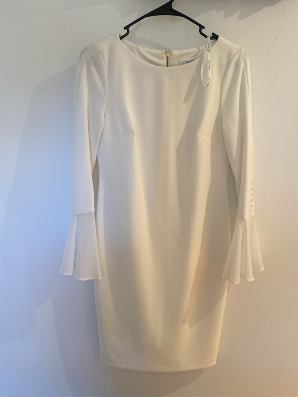 Calvin Klein Ivory Long-Sleeve Shift Dress with Flared Cuffs